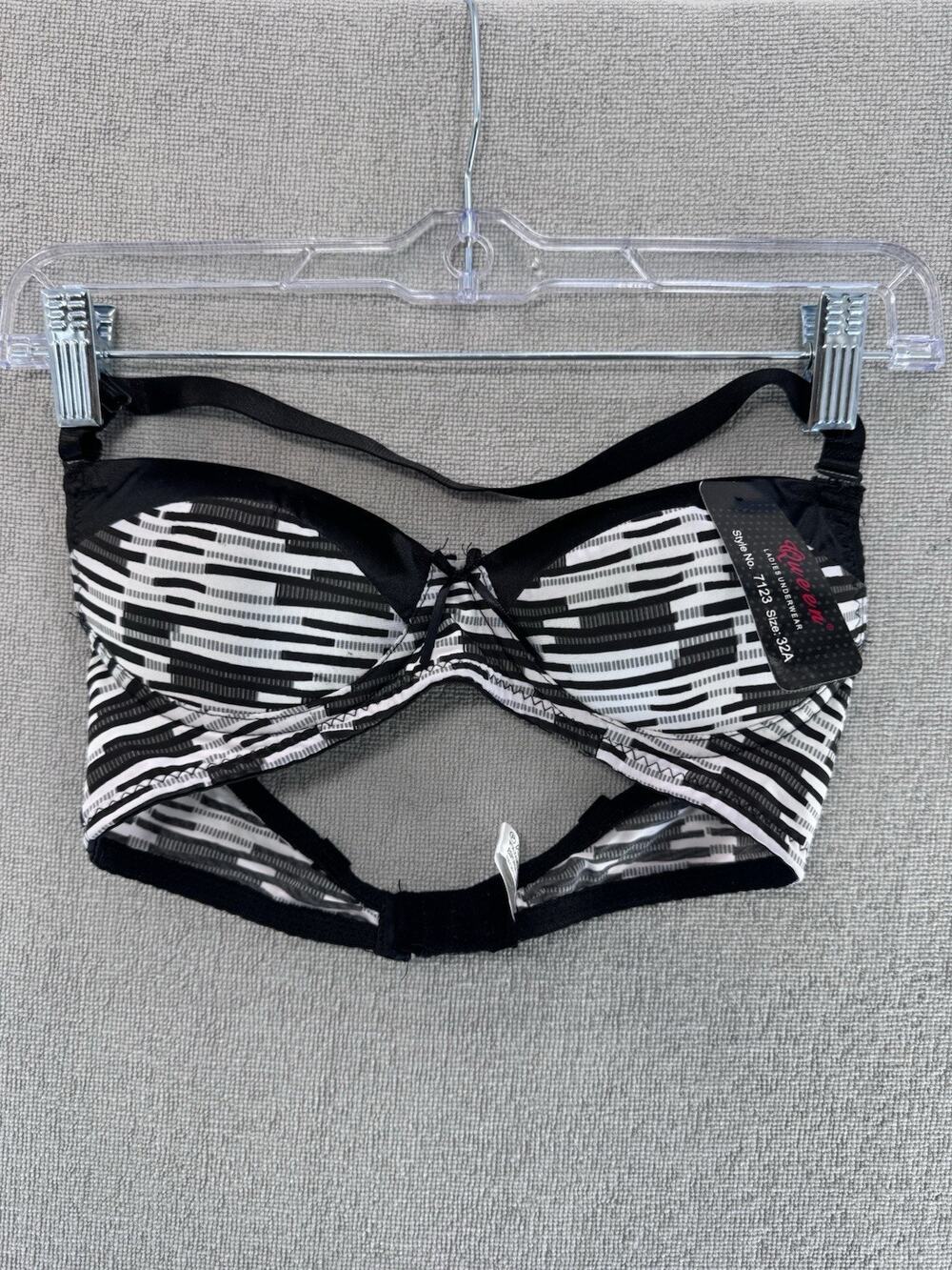 Queen Bra Women 32A Underwire Padded Strapless Black White NWT